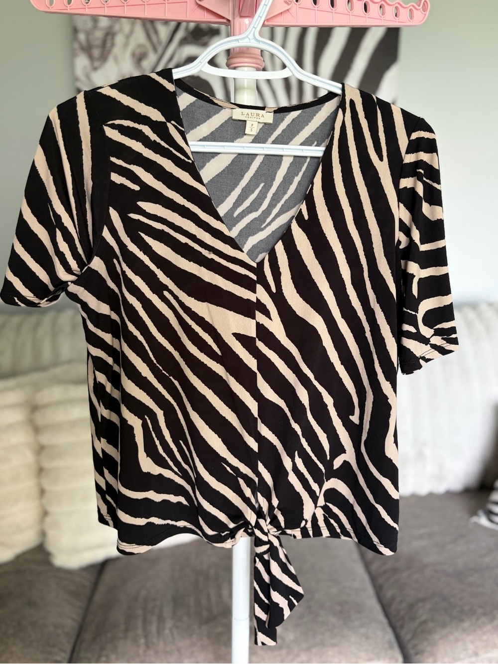 LAURA Black & Cream Zebra Tie-Front V-Neck Top